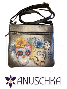 Anuschka Hand-Painted Sugar Skull Crossbody in Black with Multicolor Accents